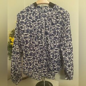 Pilcro by Anthropologie Blue White Floral Button up Long Sleeve Blouse Size XXS
